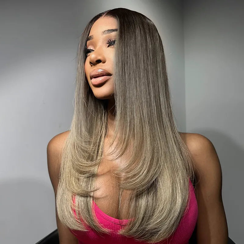 Straight Blonde Balayage with Dark Roots 13x4 Transparent  display picture 1