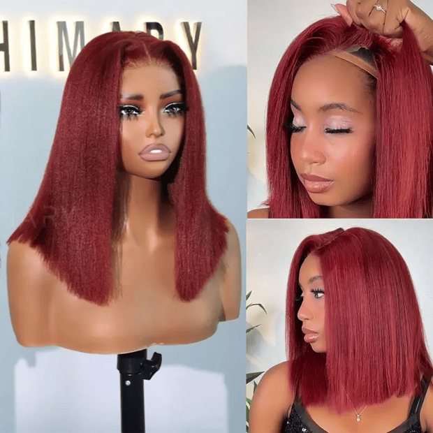 Reddish Brown Yaki Straight Pull Go 4x4 Lace Closure Bob Wig