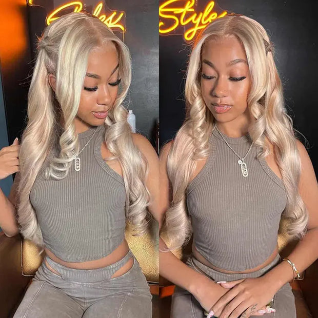 body wave ash blonde wig can be restyled