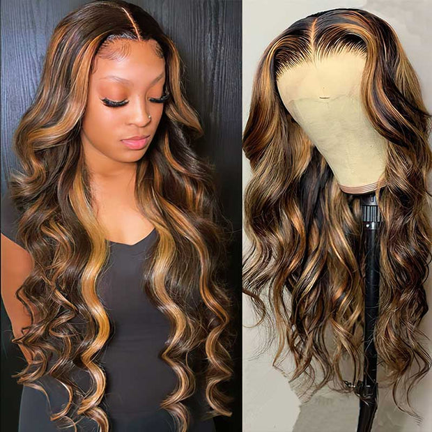 4/27 Brown Highlight Body Wave Glueless Lace Closure Wig