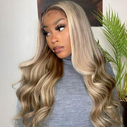 Blonde Highlights Wig Body Wave Transparent 13x4 Lace Frontal Blonde Balayage on Brown Hair