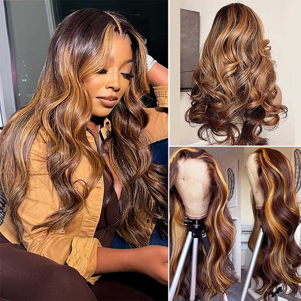 4/27 Brown Highlight Body Wave Glueless Lace Closure Wig