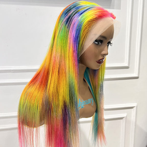Rainbow Hair Color Silk Straight Human Hair Glueless Lace Wigs For Women