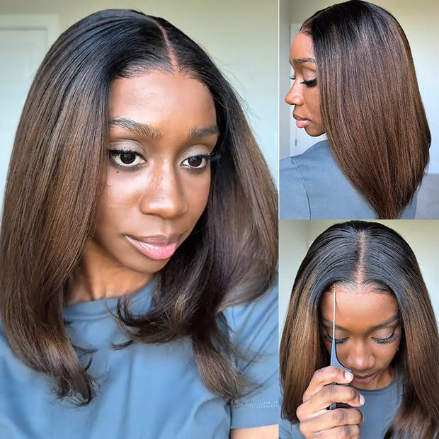 Flash Sale Highlight Bob Yaki Straight Human Hair 180% Density Pre Bleached Tiny Knots Glueless Wig