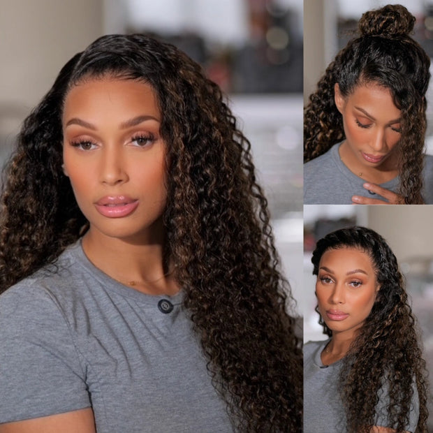 Water Wave 360 Lace Frontal Wig with Invisi Strap Brown Balayage Highlight Adjustable Fit Pre-Bleached and Pre-Cut Skin Lace