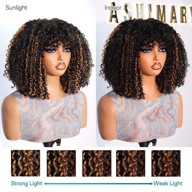 Pull Go 3x1 Scalp Illusion Wig with Natural Curly Bangs Highlight Kinky Curly Double Drawn Glueless Bob Wig