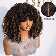 Pull Go 3x1 Scalp Illusion Wig with Natural Curly Bangs Highlight Kinky Curly Double Drawn Glueless Bob Wig