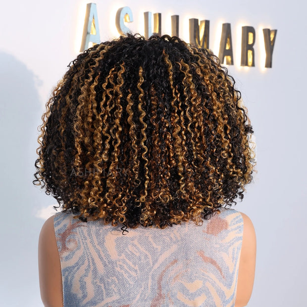 Pull Go 3x1 Scalp Illusion Wig with Natural Curly Bangs Highlight Kinky Curly Double Drawn Glueless Bob Wig