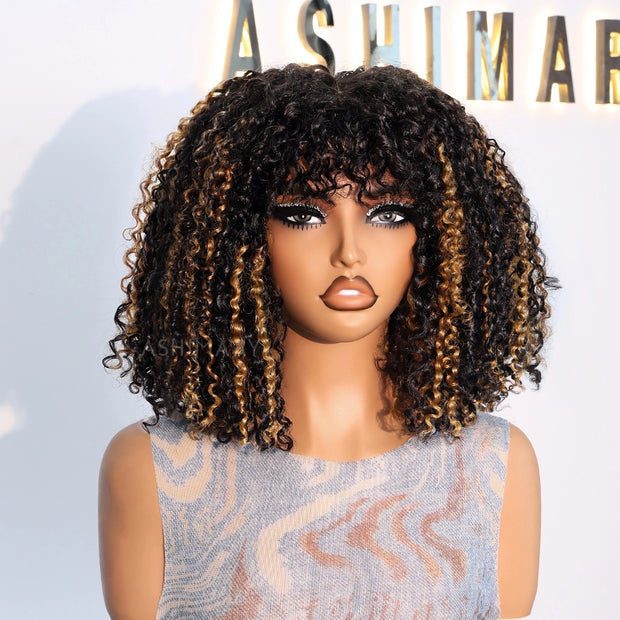 Pull Go 3x1 Scalp Illusion Wig with Natural Curly Bangs Highlight Kinky Curly Double Drawn Glueless Bob Wig