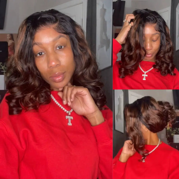 Balayage Highlight Pre-Styled Bouncy Body Wave Ready To Go Glueless Layer Wavy Bob Wig With Baby Hair