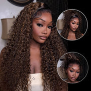 Water Wave 360 Lace Frontal Wig with Invisi Strap Brown Balayage Highlight Adjustable Fit Pre-Bleached and Pre-Cut Skin Lace
