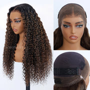 Water Wave 360 Lace Frontal Wig with Invisi Strap Brown Balayage Highlight Adjustable Fit Pre-Bleached and Pre-Cut Skin Lace
