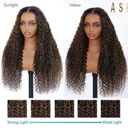 Water Wave 360 Lace Frontal Wig with Invisi Strap Brown Balayage Highlight Adjustable Fit Pre-Bleached and Pre-Cut Skin Lace