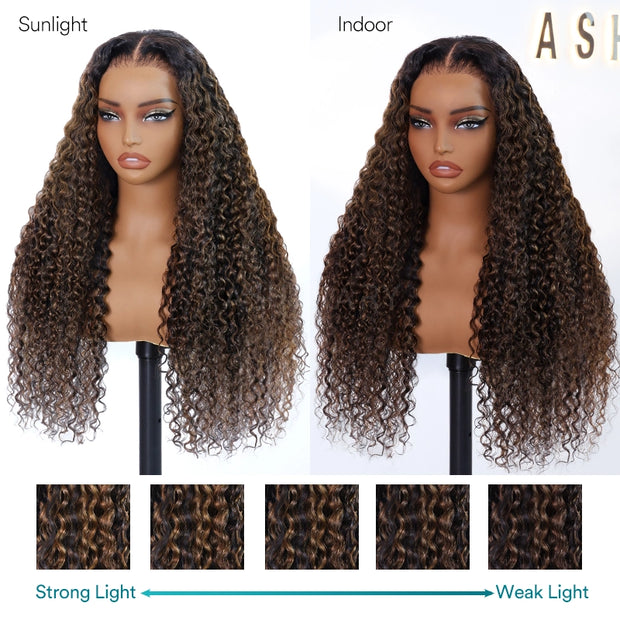 Water Wave 360 Lace Frontal Wig with Invisi Strap Brown Balayage Highlight Adjustable Fit Pre-Bleached and Pre-Cut Skin Lace