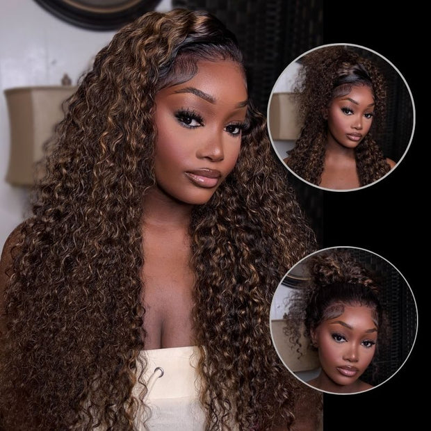Water Wave 360 Lace Frontal Wig with Invisi Strap Brown Balayage Highlight Adjustable Fit Pre-Bleached and Pre-Cut Skin Lace