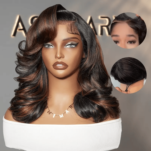 Balayage Highlight Pre-Styled Bouncy Body Wave Ready To Go Glueless Layer Wavy Bob Wig With Baby Hair