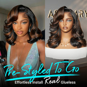 Balayage Highlight Pre-Styled Bouncy Body Wave Ready To Go Glueless Layer Wavy Bob Wig With Baby Hair