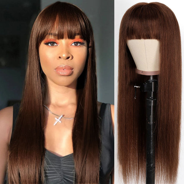 Ashimary Full Machine Made Wig Straight Virgin Hair Wigs With Bangs