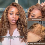 Glueless 4C Edges Blonde Highlight Kinky Curl Wig 7x5 Lace Pre-Bleached and Pre-Cut Human Hair Wigs