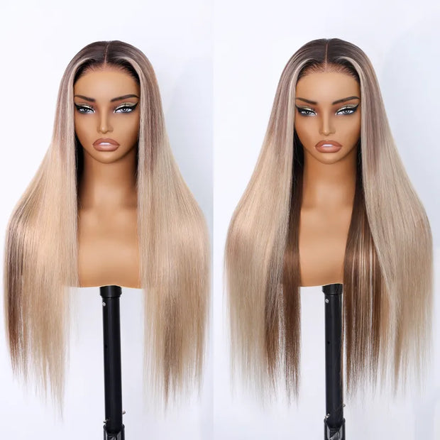 Highlight Blonde Ombre Straight Wig 6x4.5 Transparent Glueless Lace Beginner Friendly Ready To Go Wig