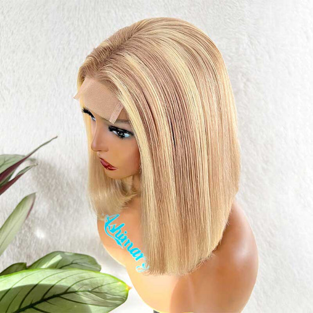 Blonde Highlight Bob Lace Wig Human Hair Transparent Lace 180% Density