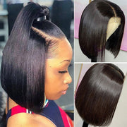Glueless Double Drawn Blunt Cut Bob Transparent Lace Wig 10A Double Drawn Human Hair