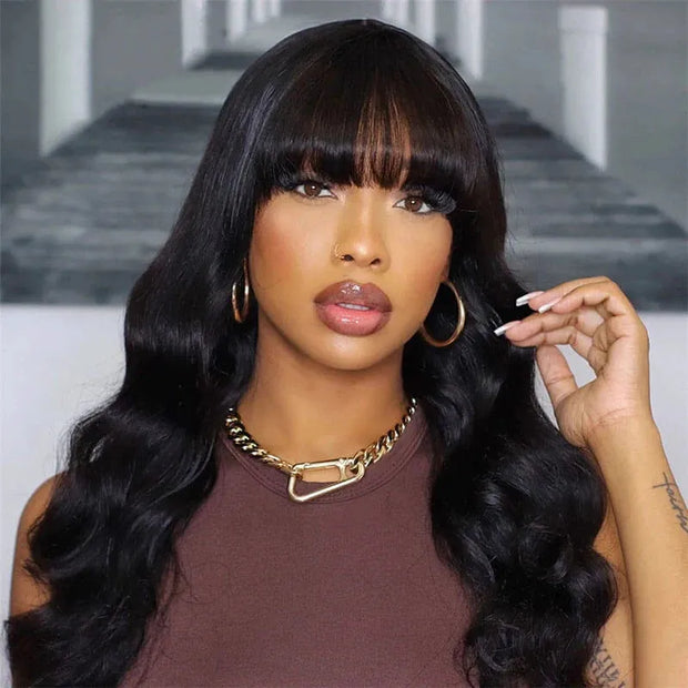  Full Machine Made Body Wave Wig With Bangs 