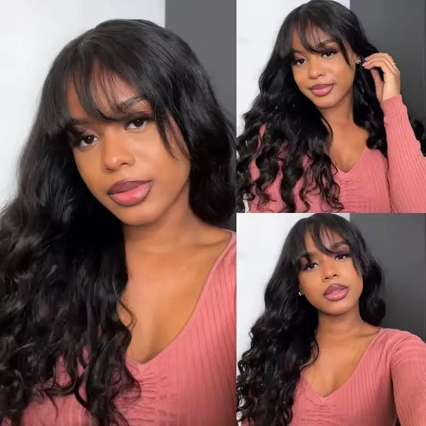 Full Machine Made Body Wave Wig With Bangs 