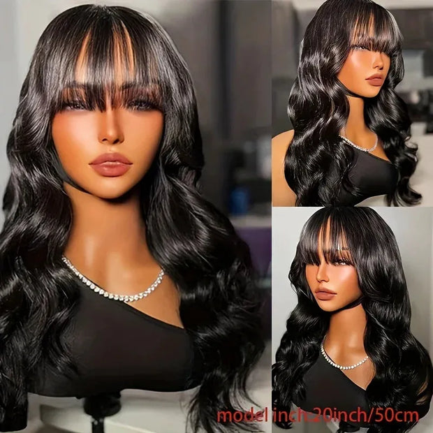  Full Machine Made Body Wave Wig With Bangs 