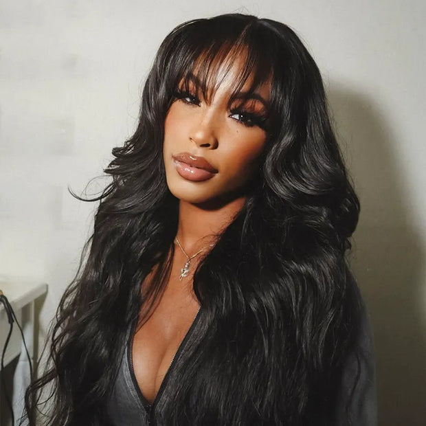  Full Machine Made Body Wave Wig With Bangs 