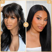 2 Wigs Set | Body Wave Wig with Pre-Cut Bangs + 5x5 Lace Transparent Natural Black Straight Wig