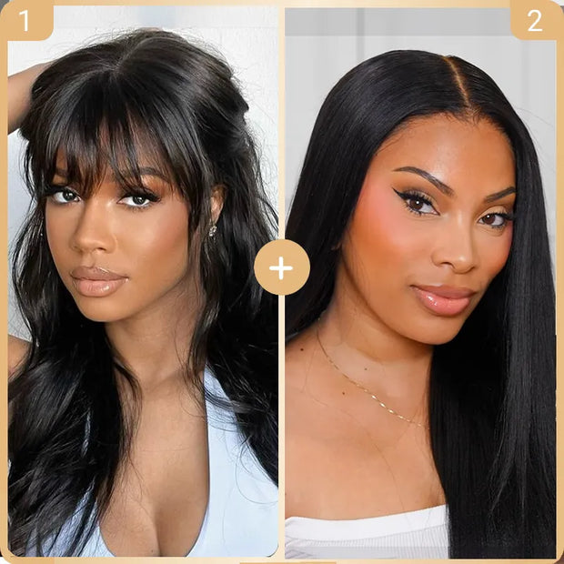 2 Wigs Set | Body Wave Wig with Pre-Cut Bangs + 5x5 Lace Transparent Natural Black Straight Wig