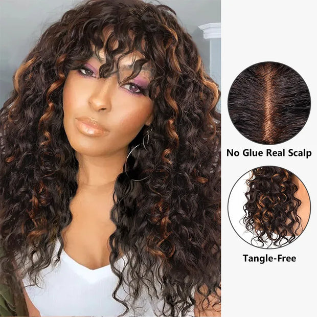Brown Highlight Bouncy Curl With Bangs Pull Go 3x1 Lace 