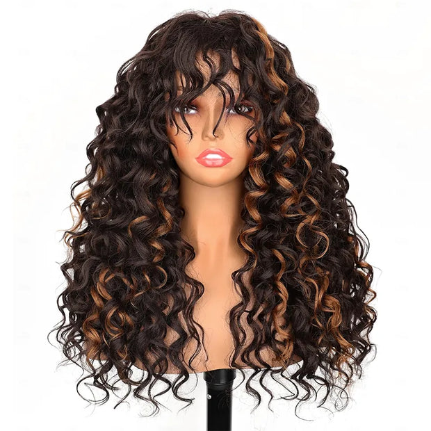 Brown Highlight Bouncy Curl With Bangs Pull Go 3x1 Lace 