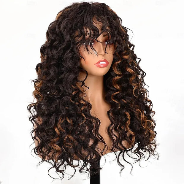 Brown Highlight Bouncy Curl With Bangs Pull Go 3x1 Lace 