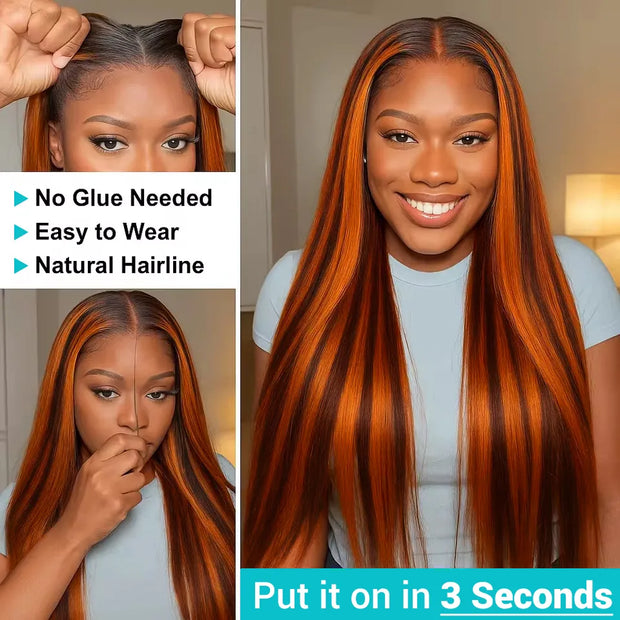 StayLock Straight Wig 7x5 Lace Brown Mix Ginger Highlight Glueless Snug ...