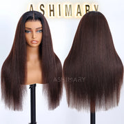 Yaki Straight Pull Go 13x6 Full Wig Transparent Lace Frontal Black to Brown Ombre Human Hair Wig Parting Max Glueless Wig