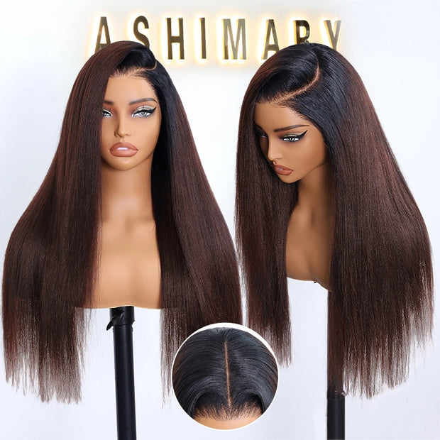 Yaki Straight Pull Go 13x6 Full Wig Transparent Lace Frontal Black to Brown Ombre Human Hair Wig Parting Max Glueless Wig