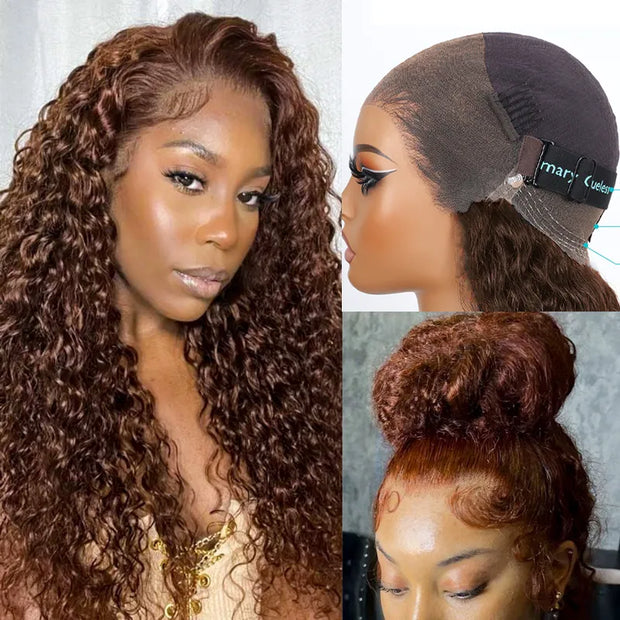 BOGO Invisi Strap Snug Fit 360 SKin Lace Chocolate Brown Water Wave Bleached Knots Glueless Lace Wig