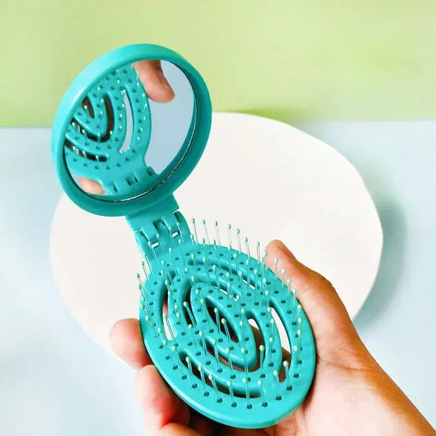500 Points | Folding Hair Brush with Mirror Portable Compact Hair Brush Easy to Carry