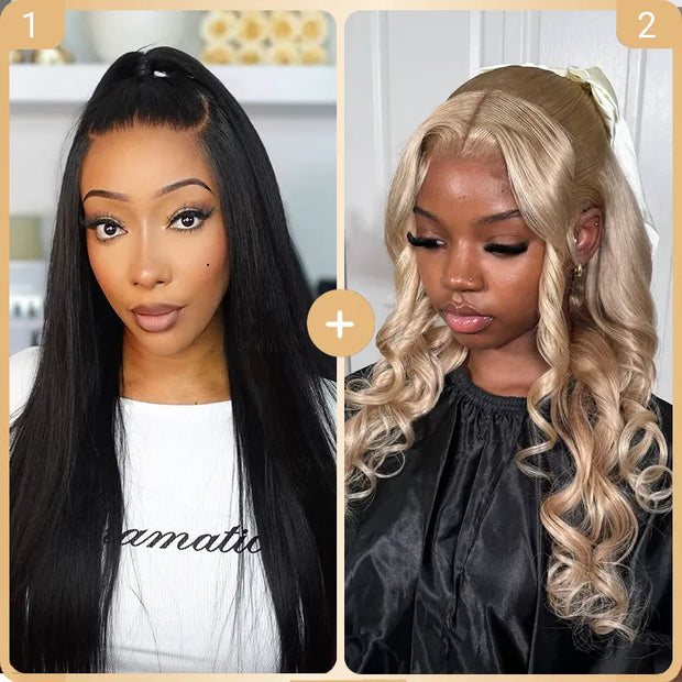 2 Wigs Set | 13x6 Full Lace Straight Wig with Pre-cut Lace + 13x4 Lace Transparent Ash Blonde Bouncy Body Wave Wig