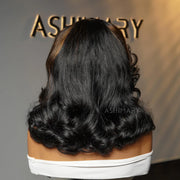 Black Camarel Blonde Highlights Pre-Styled Bouncy Body Wave Glueless Side Part Layer Wavy Bob Wig With Baby Hair