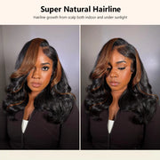 Black Camarel Blonde Highlights Pre-Styled Bouncy Body Wave Glueless Side Part Layer Wavy Bob Wig With Baby Hair