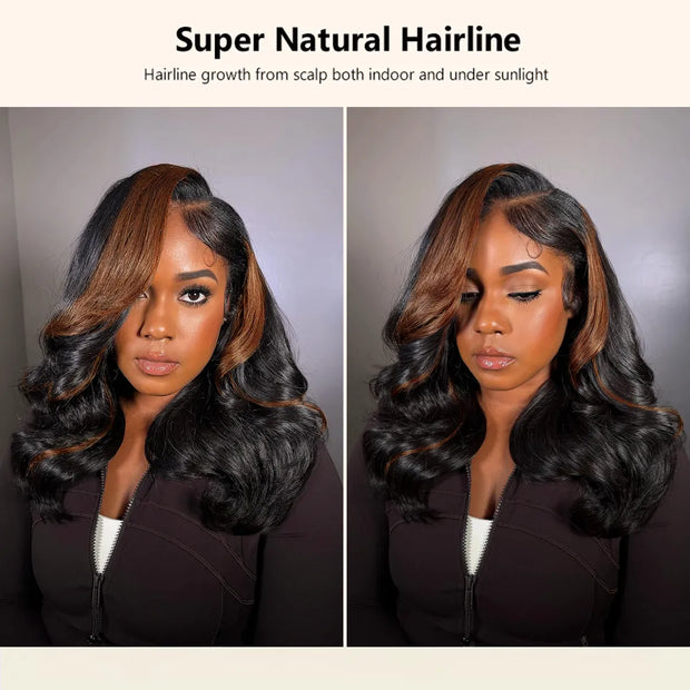 Black Camarel Blonde Highlights Pre-Styled Bouncy Body Wave Glueless Side Part Layer Wavy Bob Wig With Baby Hair