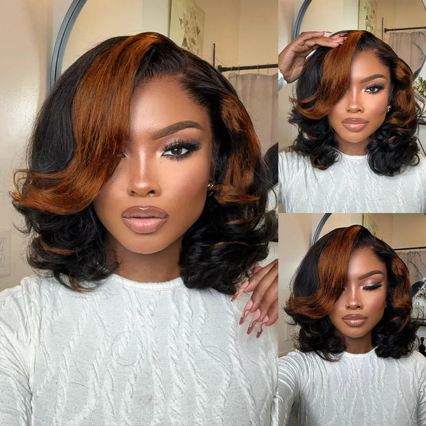 Black Camarel Blonde Highlights Pre-Styled Bouncy Body Wave Glueless Side Part Layer Wavy Bob Wig With Baby Hair