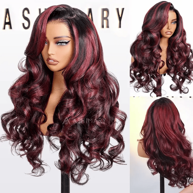 Cherry Red Highlight Layered Cut Body Wave Wig 13x6 Full Pre-Everything Wig Burgundy Highlight