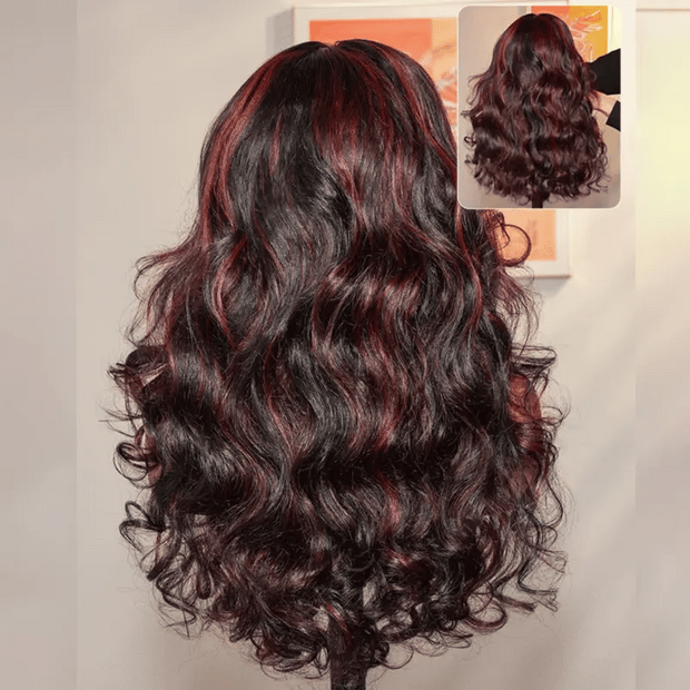 Cherry Red Highlight Layered Cut Body Wave Wig