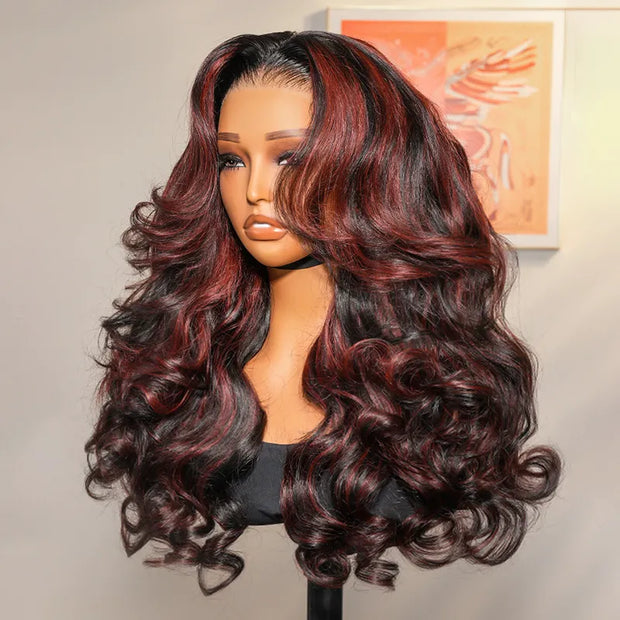 Cherry Red Highlight Layered Cut Body Wave Wig