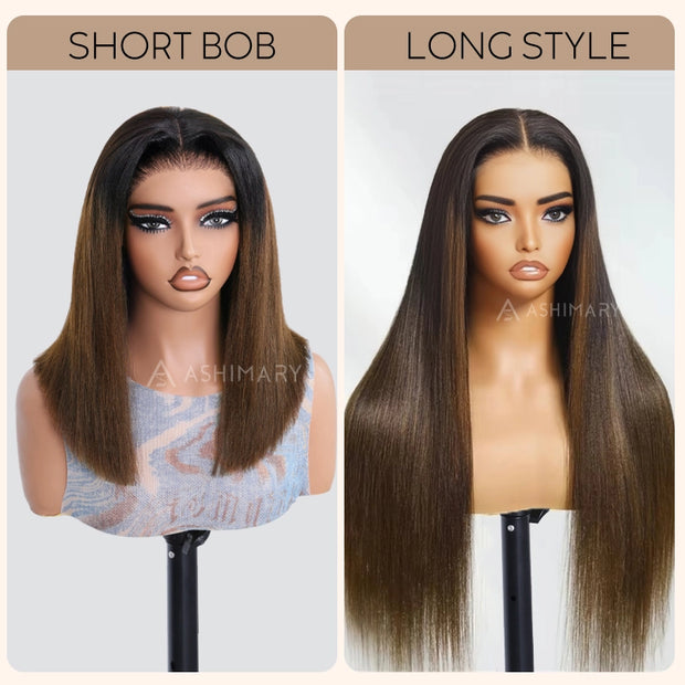Flash Sale Highlight Bob Yaki Straight Human Hair 180% Density Pre Bleached Tiny Knots Glueless Wig