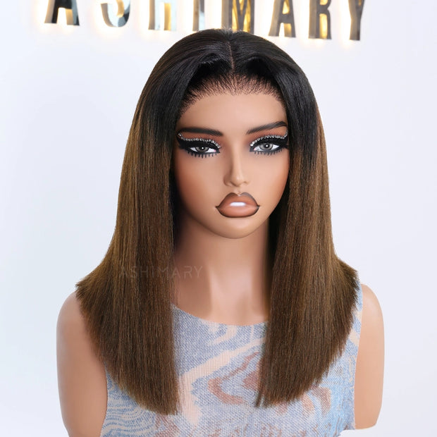 Flash Sale Highlight Bob Yaki Straight Human Hair 180% Density Pre Bleached Tiny Knots Glueless Wig